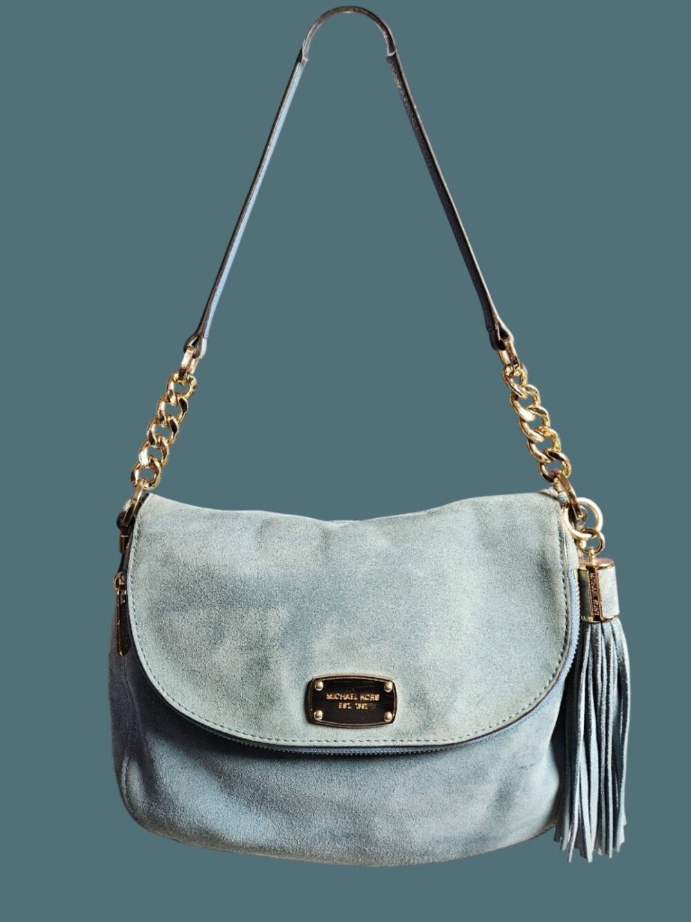 Michael Kors Classic Blue Suede Bedford Flap Over Shoulder Bag